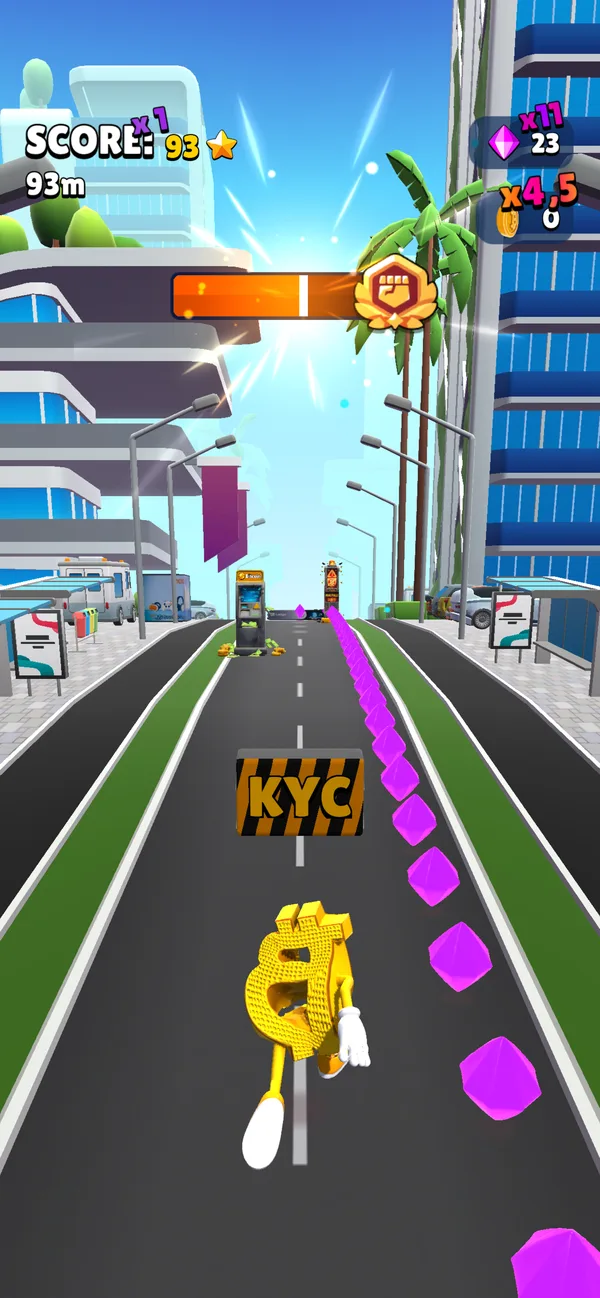 The mascot runs toward a KYC wall on a city road